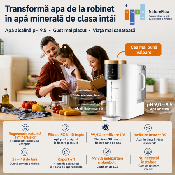 NatureFlow F4 Gen 2 – Sistem de purificare a apei pentru casă cu tehnologie RO alcalină și apă fierbinte instantanee (pH 9,5)