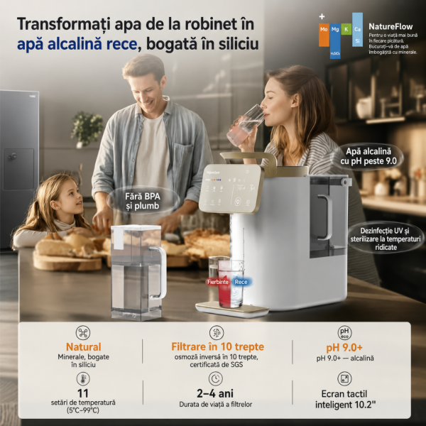 NatureFlow Y6 Ultra – Sistem alcalin de purificare a apei pentru casă, cu osmoză inversă RO, siliciu, apă caldă și rece