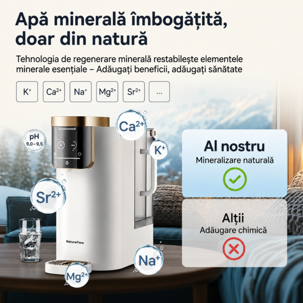 NatureFlow F4 Gen 2 – Sistem de purificare a apei pentru casă cu tehnologie RO alcalină și apă fierbinte instantanee (pH 9,5)